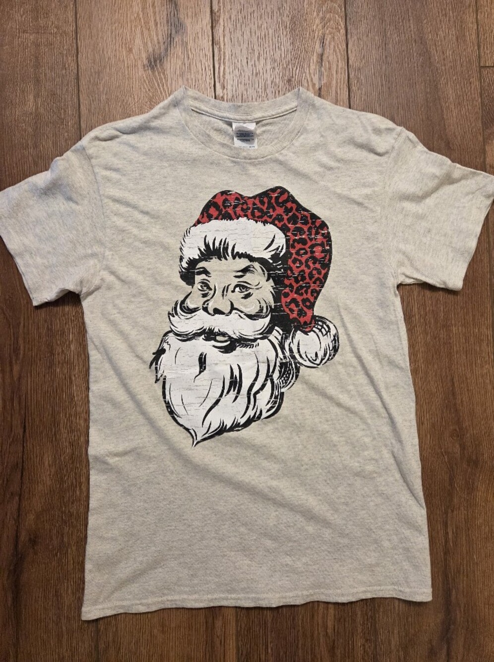 Santa Short Sleeve Off White Tee with Red Leopard Santa Graphic